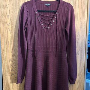 Nina Leonard Burgundy Ribbed Knit Dress | Lace-Up V-Neck | Size Large